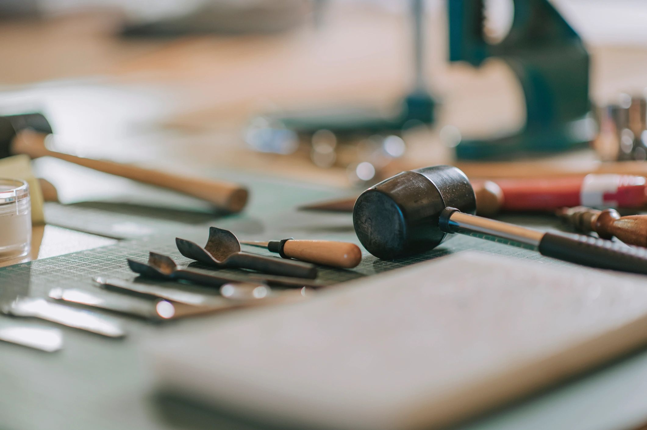 Close-up of tools on a workbench
